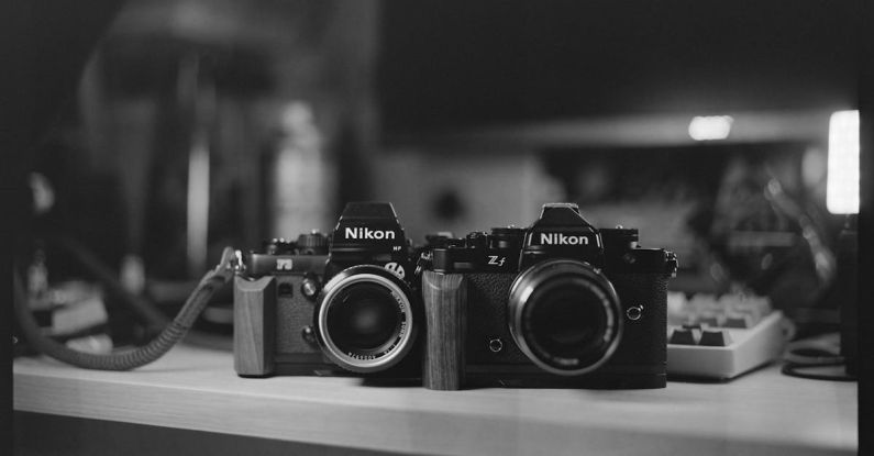 Leverage Technology - Two cameras sitting on a desk in black and white